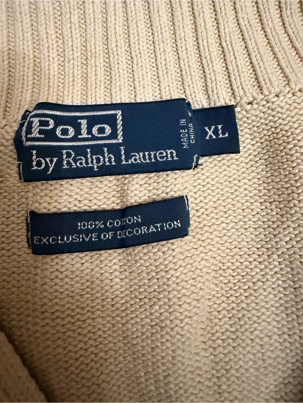 Polo by Ralph Lauren Cream Quarter-Zip Knit Pullover 100% cotton XL mock neck